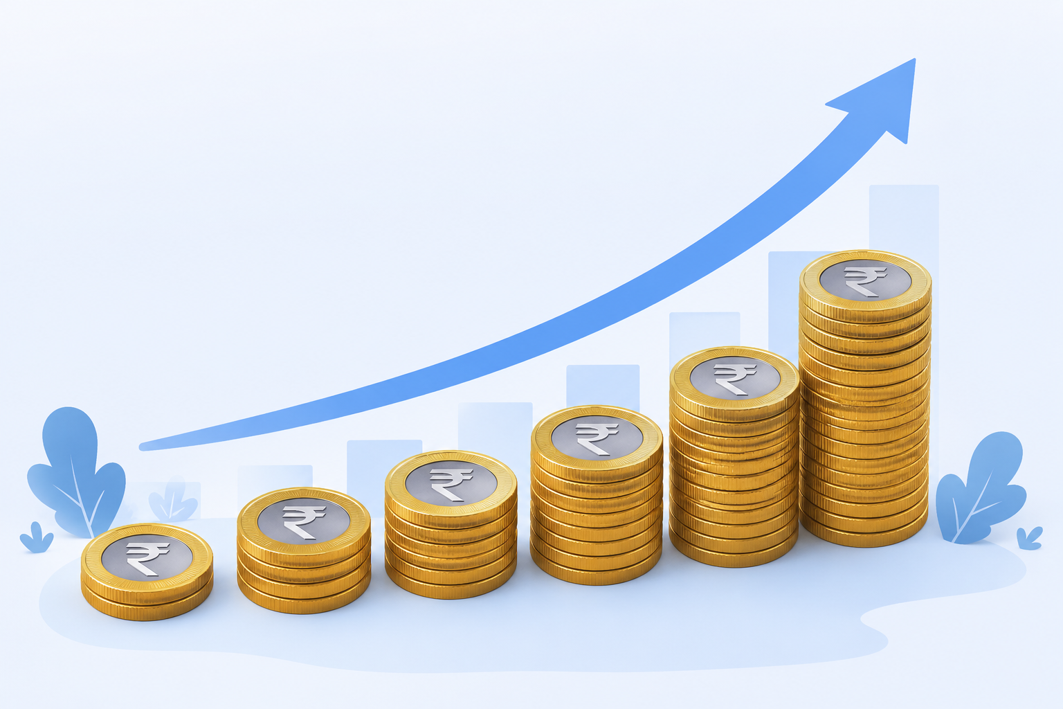 Illustration of Indian rupee coins stacked in ascending order with an upward growth arrow, representing wealth growth through simple interest and compound interest. Simple Interest vs Compound Interest Financial Growth Illustration